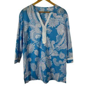 J. McLaughlin XL Cotton Blue Caftan Paisley Tunic Vacation Resortwear Cover Up